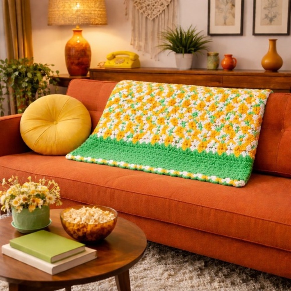 Handmade Crochet Blanket Afghan Green Yellow White Floral Granny Square‎ Throw